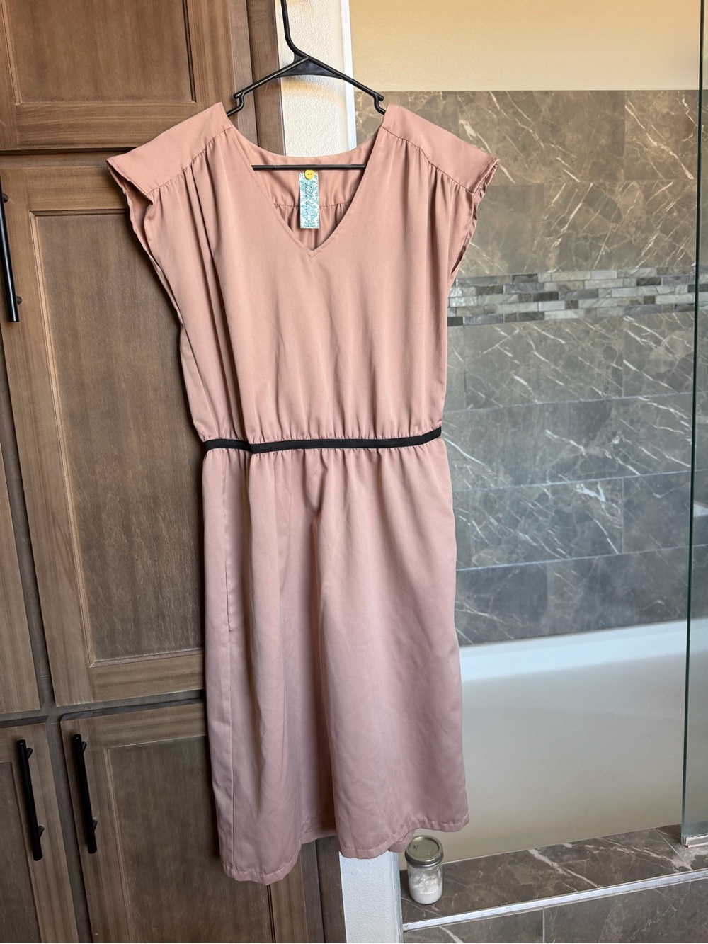 Mauve V-Neck Dress with Black Belt Accent